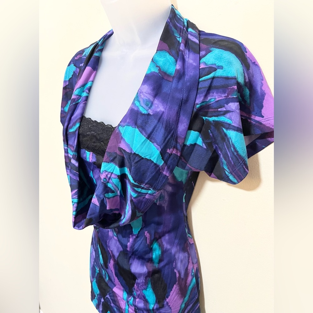 Y2K Wrapper S Cowl Neck Abstract Blouse Short Sleeve Lace Purple Teal Grunge - Picture 2 of 10